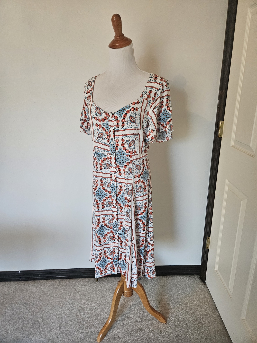 Maeve White Midi Dress with Coral & Teal Print
